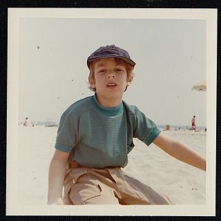 Vintage Photograph Cute Little Boy In Hat Sitting On Beach