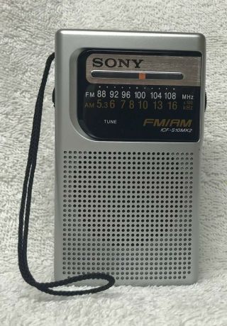 Vintage Sony Model Icf - 10mk2 Pocket Transistor Am Fm Radio With Hand Strap