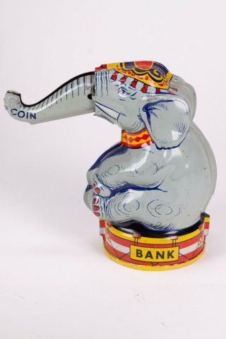 Vintage J Chein & Co Circus Elephant Tin Litho Mechanical Coin Bank