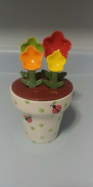 Lady Bug Flower Pot Ceramic Measuring Cup And 4 Measuring Spoon Set Pier One