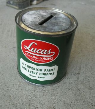 Vintage 1960s Lucas Paints Tin Metal Bank Can 2 7/8 " Tall