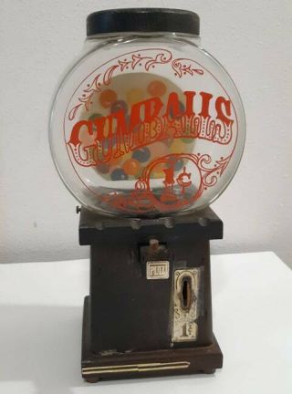 Vintage Wood Gumball Machine The Candy Man Glass Jar Wooden Bubble Gum Dispenser