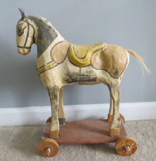 Antique Vintage Paper Mache Hand Painted Trojan Horse Pull Toy With Wood Wheels