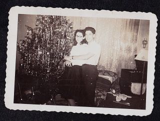 Vintage Antique Photograph Young Man Hugging Woman By Christmas Tree