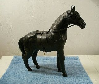 Vintage Leather Wrapped Black Horse Figure Sculpture Statue 12 " Tall With Saddle