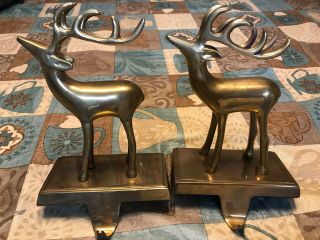 2 Vintage Solid Brass Reindeer Stocking Holder Christmas Holiday Hook