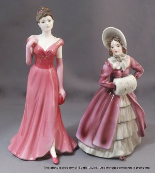2 China Figurines Wein Keramos " Vivian " Austria,  Coalport " Lady In Red " England