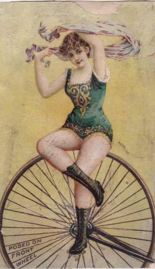 Risque Victorian Trade Card Cut Out Scantily Clad Woman On Bicycle Wheel 4x2.  25 "