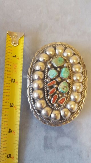 Vintage Native American Men ' s Turqouise Coral nickel silver belt buckle 86grams 3