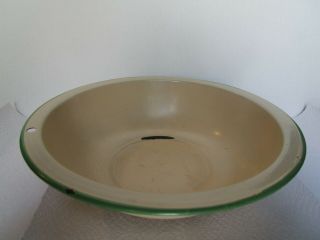 Vintage Enamelware Enamel Metal Basin Bowl Cream Green Rim Hanging Hole 2