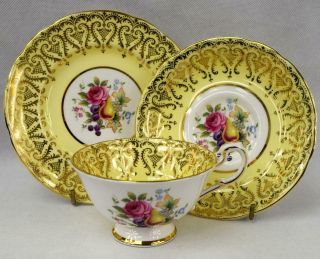 C1960s Vintage Yellow Paragon China Cabinet Cup & Saucer Hand Painted Gold Gilt