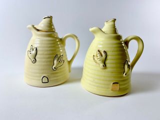 2 (two) Vintage Bumble Bee Hive Honey Pot Jar W/ Lid Pastel Yellow Made In Usa