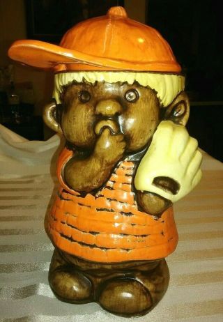 Vintage Baseball Boy W/thumb In Mouth Cookie Jar With Hat Lid Treasure Craft