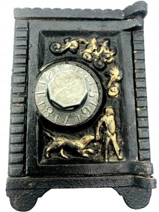 1950s Cast Iron Toy Bank Grey Iron Coin Deposit Combo Safe Door Vintage