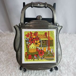 Vintage Cherry Tile Trivet Cast Iron Tea Pot Kettle Made In Japan