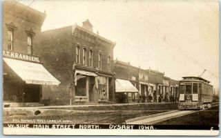 1910s Dysart Iowa Rppc Real Photo Postcard " West Side Main Street " Added Trolley