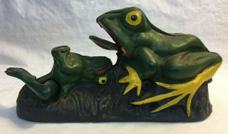 Vintage Cast Iron Bull Frogs Bank Mechanical Flip Coin In Mouth Hand Painted