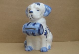 Delfts Blue Saint Bernard Dog Keg Bank Blue Floral White Ceramic 5 - 1/2 "