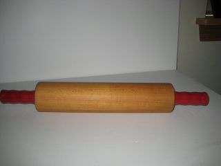Vintage Maple Wooden Rolling Pin With Red Wood Handles
