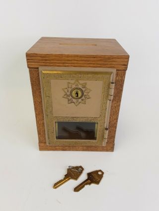 Vintage Oak Hand Made Postal Box Brass Door Coin Bank W/keys Salsbury Mailboxes