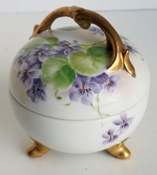 Vintage Artist Signed Hand Painted Footed Porcelain Violets Trinket Box Gold