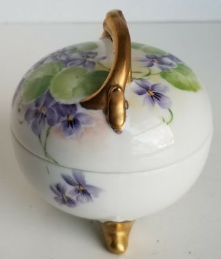 Vintage Artist Signed Hand Painted Footed Porcelain Violets Trinket Box Gold 2
