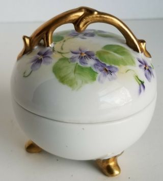 Vintage Artist Signed Hand Painted Footed Porcelain Violets Trinket Box Gold 3