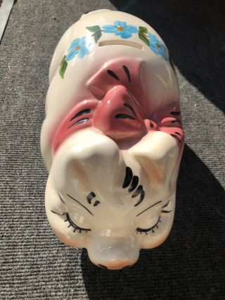 Vintage Large Ceramic Piggy Bank W/ Bow & Flowers Approx 13” X 6.  5”