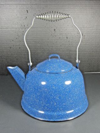 Lg Enamelware Kettle/coffee Pot Blue W/ White Speckles For Kitchen/camping Vguc