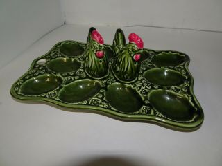 Vtg Green Ceramic Deviled Egg Plate Chicken Salt & Pepper Shakers Made In Japan