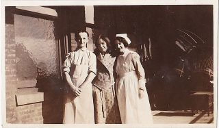 Old Vintage Antique Photograph Nurse With Woman In Robe & Man Wearing Apron