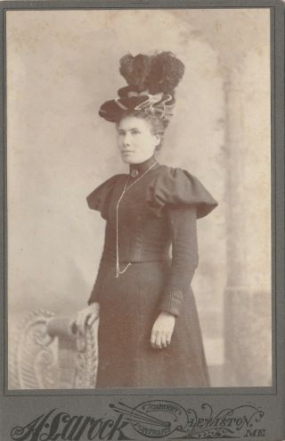 Cabinet Card Portrait Standing Woman Black Dress Big Feathered Hat Lewiston Me