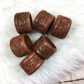Set Of 6 Wood Hand Carved Round Napkin Rings Floral Made In India