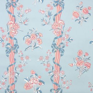 1950s Nancy Mcclellad Vintage Wallpaper Pink Flowers Blue And Pink Ribbon Stripe