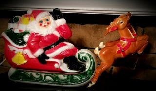 Empire Plastic Corp Blow Mold Light Up Santa Claus Sleigh Reindeer Vintage 1970