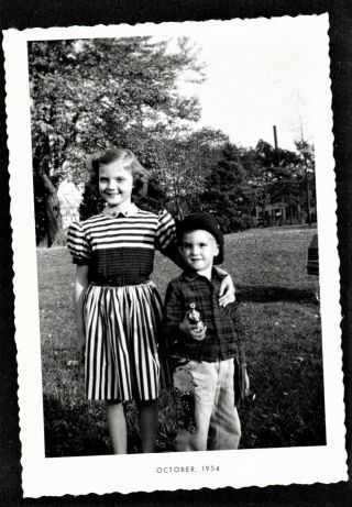 Vintage Antique Photograph Little Girl Standing With Boy In Cowboy Outfit W/ Gun