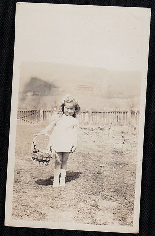 Vintage Antique Photograph Adorable Little Girl W/easter Basket Standing In Yard