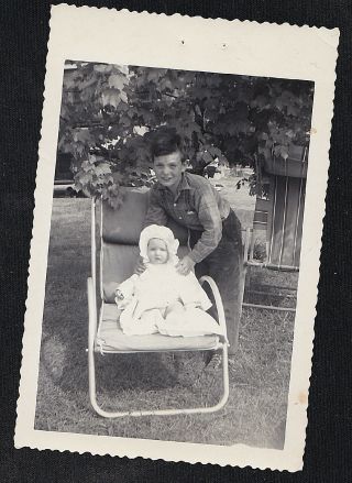 Antique Vintage Photograph Little Boy Holding Adorable Baby In Chair