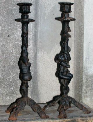 Vintage Figural Gothic Floral Style Jester Candlesticks Iron Art Co Jm170 16 "