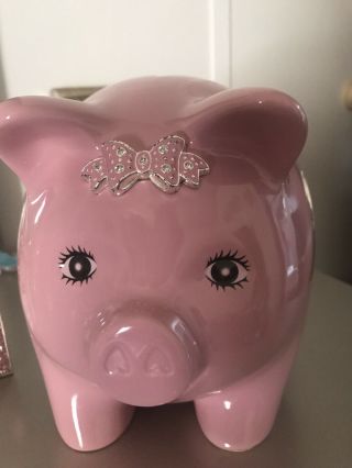Nib Things Remembered Large Light Pink Ceramic Piggy Bank With Rhinestone Bow