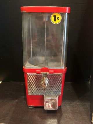 Vintage 1 Cent Gumball Machine 16” Tall Red Metal And Plastic