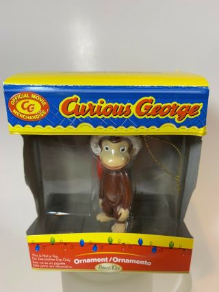 Curious George 3” Christmas Ornament Wearing Red Santa Hat Brass Key
