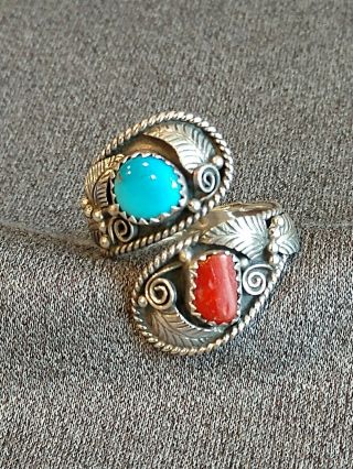Vintage Navajo Signed B Sterling Silver Turquoise & Coral Bypass Ring Adjustable