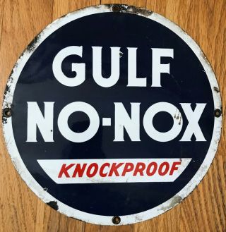 Vintage Gulf Porcelain No Nox Gas Pump Plate Knockproof 10.  5 Inch Sign
