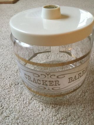 Vintage Pyrex Glass The Cracker Barrel Jar Canister With Plastic Lid Gold Cookie