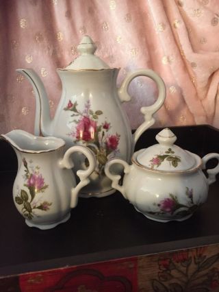 Vintage Porcelain 5 Piece Tea Set W/ Pink Roses & Gold Trim W/ Sugar & Creamer