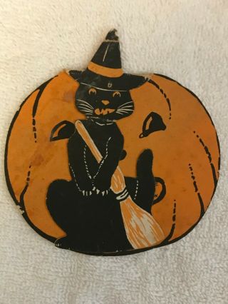 1920s Whitney Mechanical Black Witch Cat Jol Fortune Card Vintage Halloween 3.  5 "