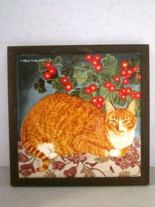 Vintage Avon Tabby Cat Tile Trivet In Wood Frame Marmalade Mimi Vang Olsen Euc
