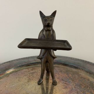 Vintage Brass Fox Statue Butler Business Card Holder Tray Waiter Figure 7 "