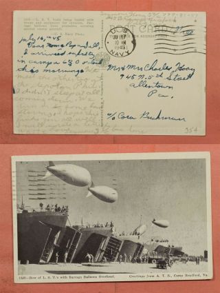 1945 Naval Ships With Barrage Balloons Postcard Us Navy Cancel To Usa Frank
